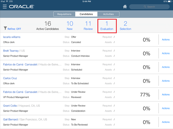 The image shows the Evaluation category highlighted on the Candidates tab.