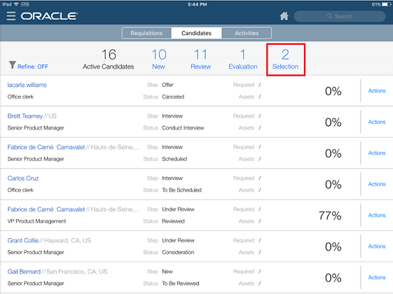 The image shows the Selection category highlighted in the Candidates tab in Mobile.
