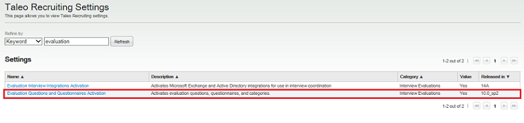 The image shows the Evaluation Management settings in the Recruiting configuration.