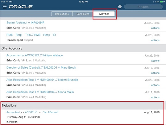 The image highlights the Evaluations section of the Activities tab.