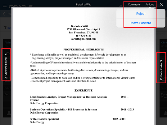 The image shows a resume with the options to reject or move the candidate forward.