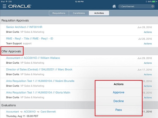 The image shows the actions available for Offer Approvals: Approve, Decline and Pass.
