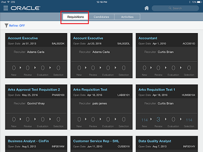 The image shows the requisitions displayed as cards in the Requisitions tab.