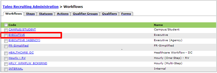 The image shows the Candidate Selection Workflow (CSW) configuration in Oracle Taleo Recruiting.