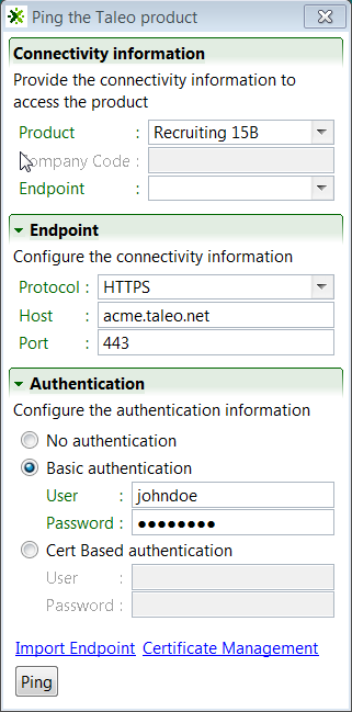 Image showing the Ping the Taleo Product window with the Connectivity Information, Endpoint, and the Authentication sections.