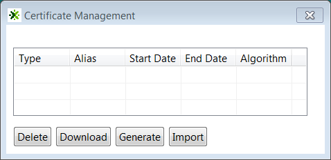 Image showing the Certificate Management window with the Delete, Download, Generate, and Import buttons.