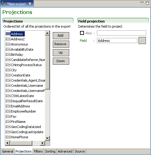 Image showing the Projections Tab window.