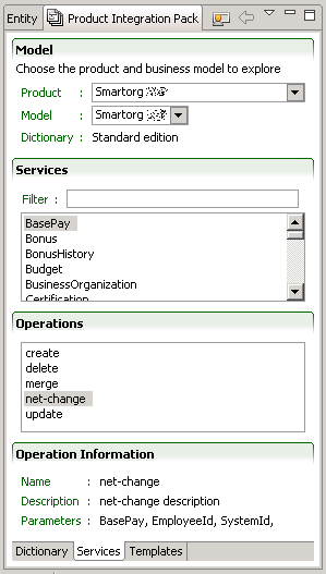 Image showing the Services tab in the Product Integration Pack View window.