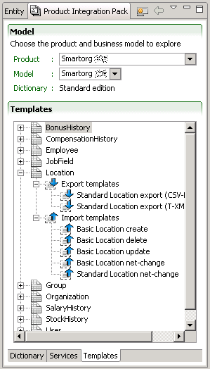 Image showing the Templates tab in the Product Integration Pack View window.