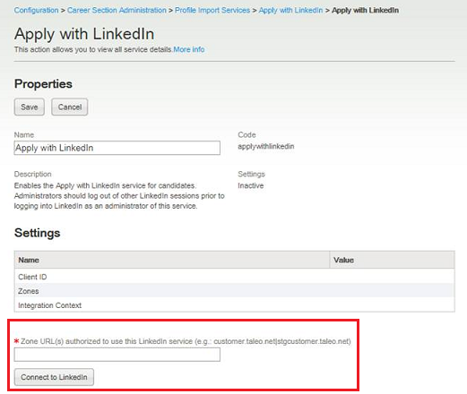 The image shows the Apply with LinkedIn configuration with the Zone URL area highlighted.
