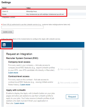 The image shows the Apply with Linked configuration with the Client ID, Zones and the LinkedIn widget highlighted.