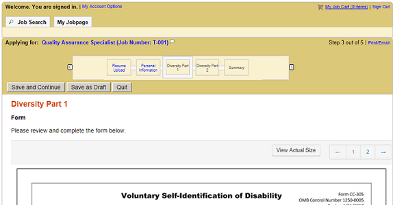 Image showing an example of a career section application flow with the OFCCP Disability Form in the Diversity block.