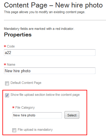 Image showing a content page. The option Show file upload section is selected and a file category is selected.