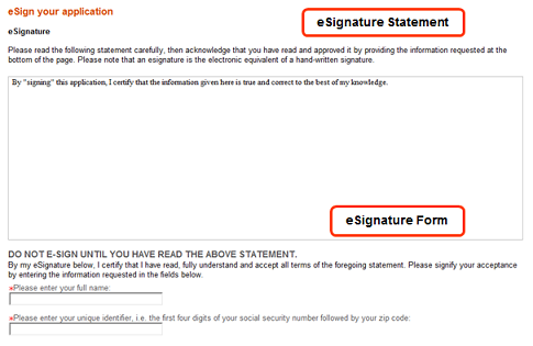 Image showing an example of a eSignature statement and eSignature form in a career section.