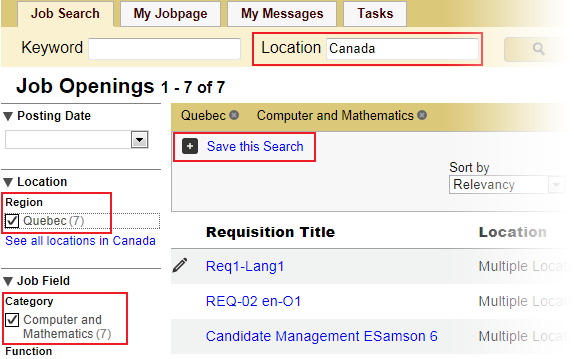 Image showing the Faceted search in a career section.