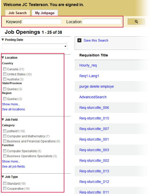 Image showing the facets (search filters) in a career section.