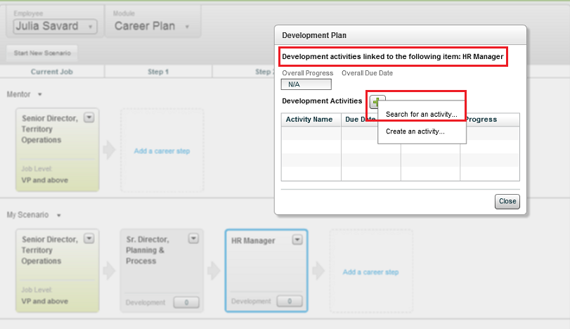 The image shows the Development Page window the development activities link to an HR Manager.