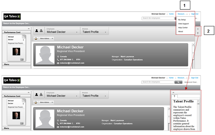 The image shows Michael Decker's Talent Profile page with links to online help in the upper right toolbar and right side supporting tools.