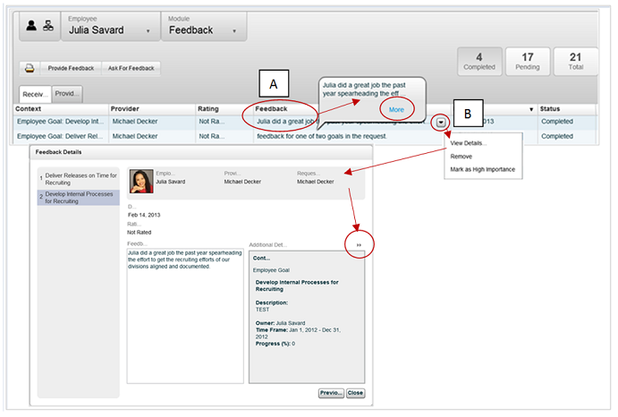The image shows the Feedback module page indicating two methods to display feedback details.