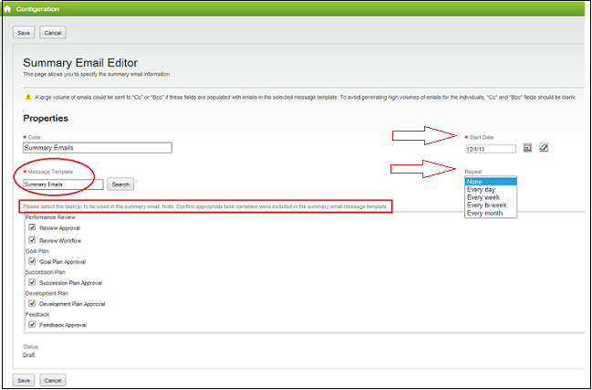 The image shows the Summary Email Editor with the six available Summary Email Task Types selected.