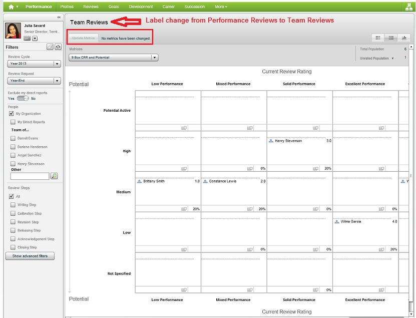 The image shows that the label changes from Performance Reviews to Teamn Reviews.