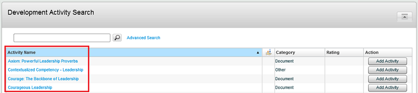 The image shows a search results. Each of the Development Activities returned in the search results are associated to the Leadership competency.
