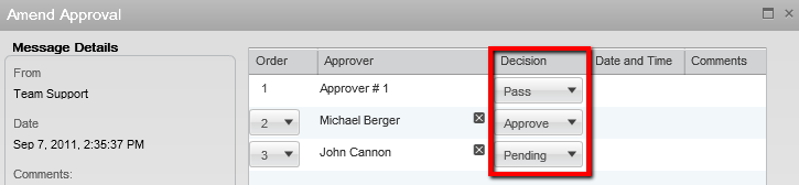 Image showing the Amend Approval window and the decision taken by approvers.