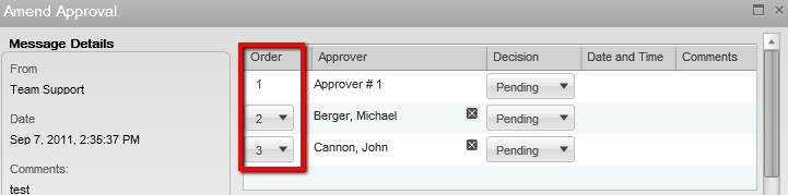 Image showing the Amend Approval window and how to reorder approvers.