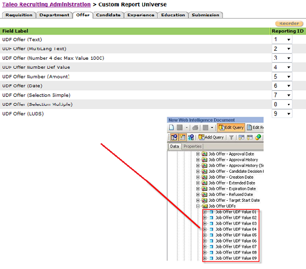 Image showing the Custom Report Universe page in Recruiting Administration. Offer UDFs are assigned a Reporting ID.