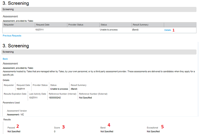 Image showing assessment fields configured in the Recruiting Administration: Details, Passed, Score, Band, Exceptional.