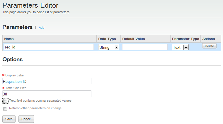 Image showing the Parameters Editor page. The Display Label field contains the value Requisition ID.