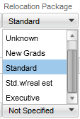 Image showing an example of a small standard selection. The selection Relocation Package contains New Grads, Standard, Executive, Not Specified.