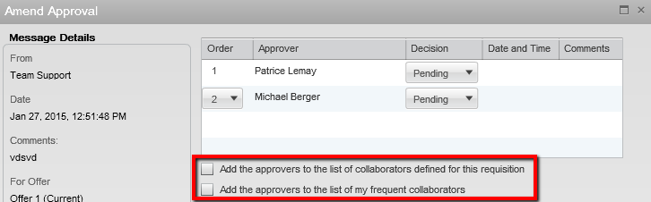Image showing the Amend Approval window and the options add approvers to the collaborators list and the frequent collaborators list.