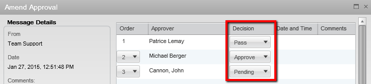 Image showing the Amend Approval window and the decision taken by the approvers.