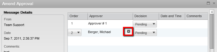 Image showing the Amend Approval window and how to remove approvers.