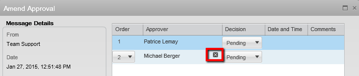 Image showing the Amend Approval window and how to delete approvers.