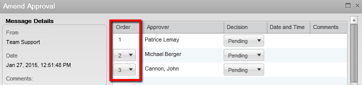 Image showing the Amend Approval window and how to order approvers.