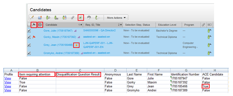 Image showing icons in the candidates list and the name of these icons in the Excel file.