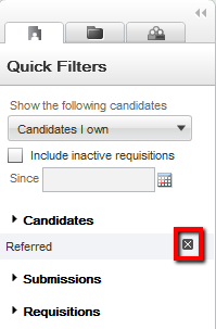 Image showing the quick filters with the Remove icon to remove a criterion.