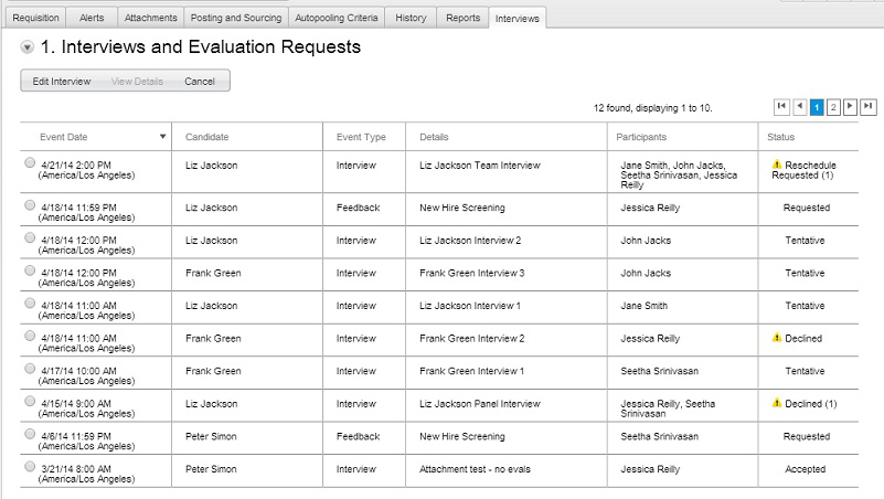 Image showing the Interviews and Evaluation Requests section.