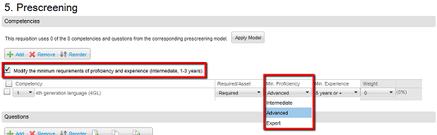 Image showing the Prescreening section and the option Modify the minimum requirements of proficiency and experience.