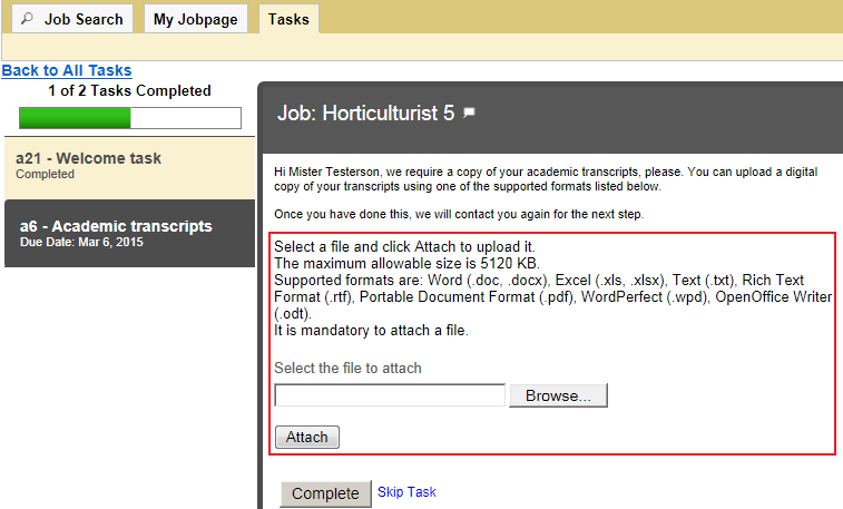 Image showing the Tasks tab in a career section.