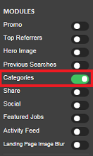 The image shows the Categories module toggle in Site Builder. The setting is enabled.