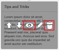 The image shows the different icons available to edit content on the sites. The Eye icon and Trash Can icon are highlighted.