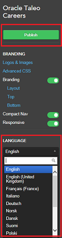 The image shows the Language selector in Site Builder.
