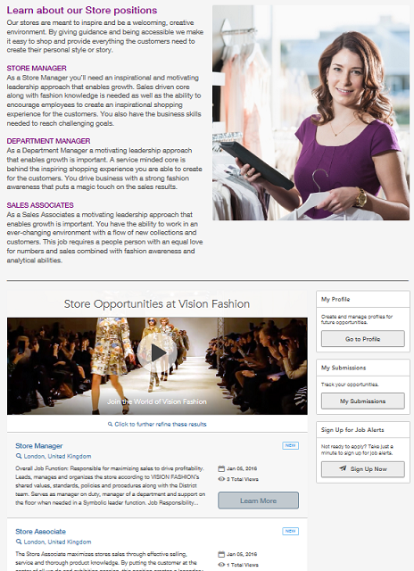 The image shows a summary of the store positions offered at Vison Fashion as well as individual job listings within retail stores.