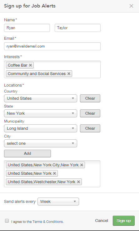 The image shows the Hierarchical Location Selector with different location levels displayed when a user is signing up for job alerts.