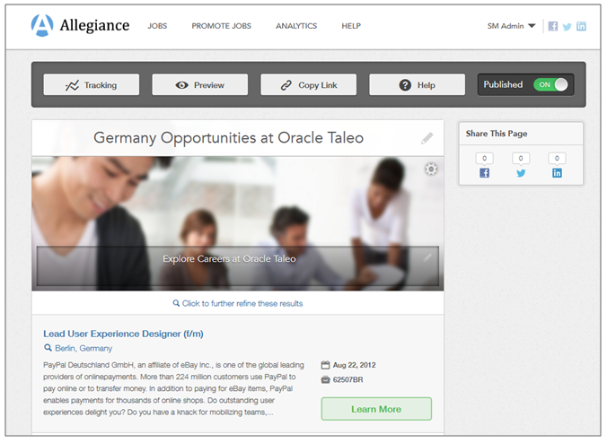 The image shows the Administrator view of a Location Landing page for Allegiance job opportunities in Germany.