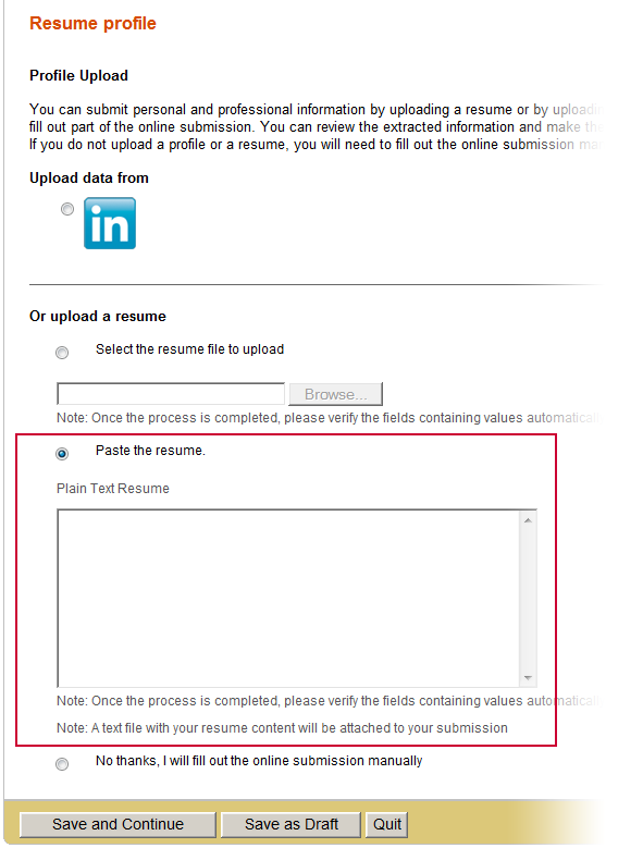 Image showing the Resume profile section in a career section where the option Paste the resume is available.