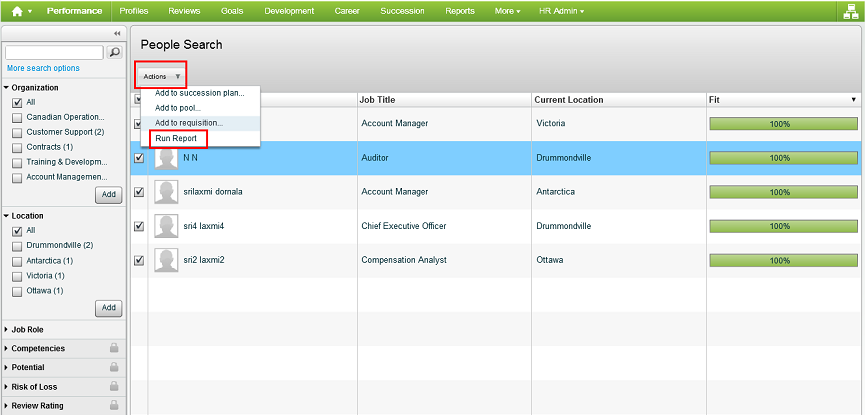 The image shows the Run Report from People Search on multiple employees.